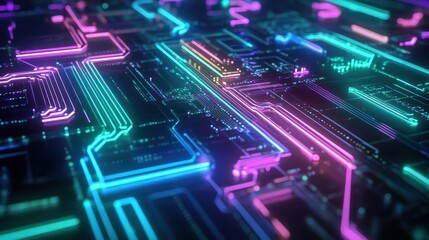 Obraz premium A vibrant, futuristic circuit board design with glowing lines and patterns.