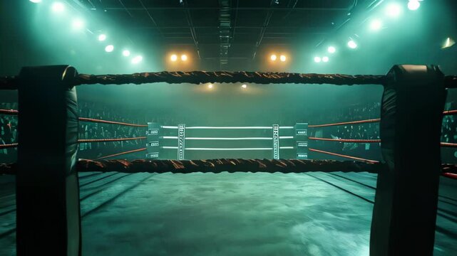 A boxing ring seen from behind the ropes with a crowd watching. Tense and suspenseful scene.