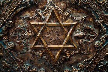 Ornate bronze star of David with detailed carvings and intricate patterns, symbolizing cultural and religious heritage. ai