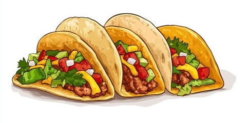 Three Delicious Tacos with Ground Beef, Cheese, Lettuce, Tomatoes, and Onions.