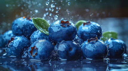 Fototapeta premium A dynamic shot of a bunch of blueberries falling into a puddle of water, creating multiple splashes simultaneously.