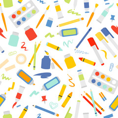 Seamless pattern with cartoon drawing art supplies and painting tools in flat style. School background isolated on white. Colored pencils, markers. Watercolor paint, brushes. Drawings for children. Ve