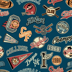 College athletic department sporting elements patchwork vintage vector seamless pattern for children kid wear fabric t shirt sweatshirt pajamas