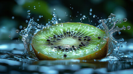 A kiwi slice mid-splash in water, with water droplets suspended around it. The bright green flesh and black seeds of the kiwi are highlighted against a simple background.