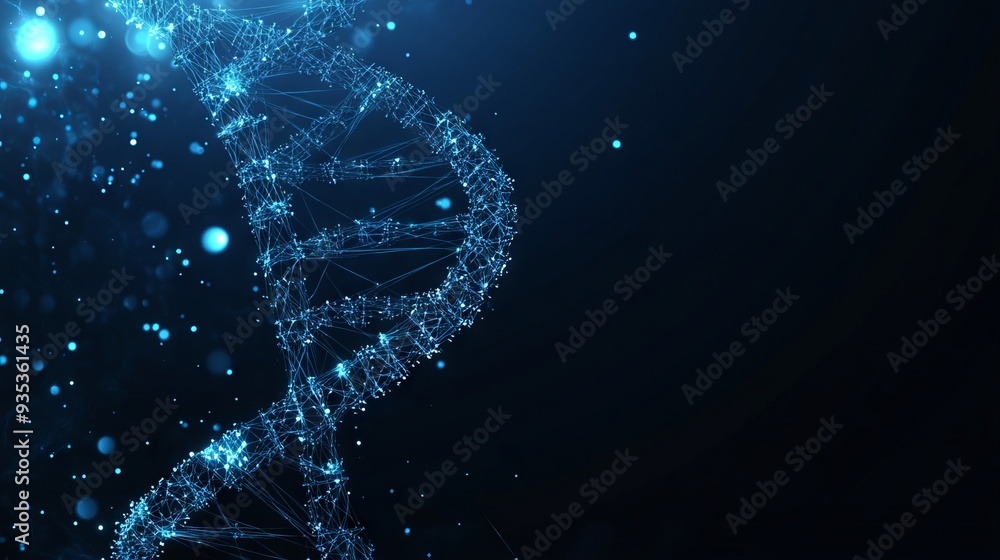 Poster dna with polygon line with dark blue background. science background. low poly wireframe with lines, 
