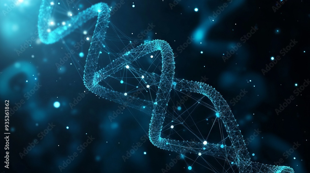 Poster dna with polygon line with dark blue background. science background. low poly wireframe with lines, 