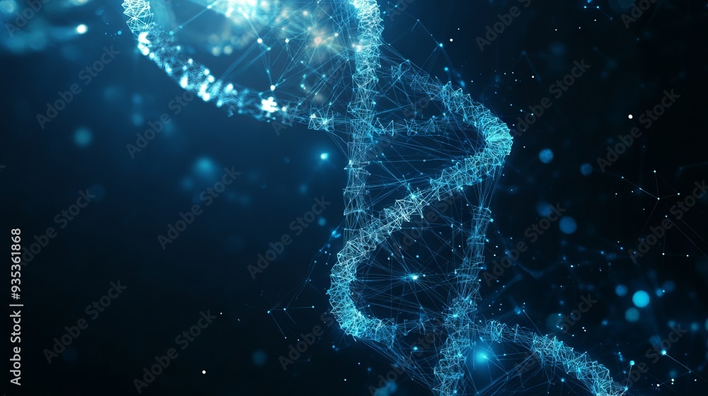 Poster dna with polygon line with dark blue background. science background. low poly wireframe with lines, 