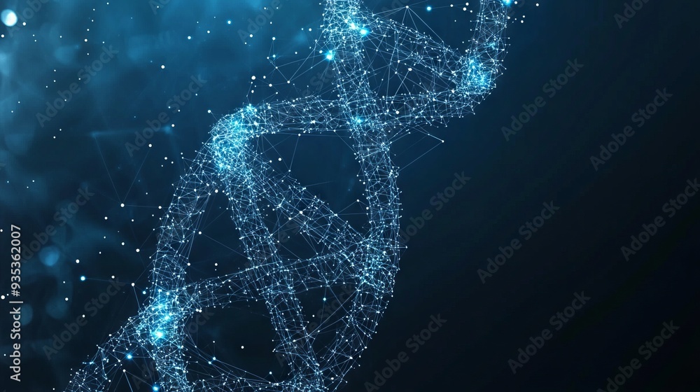 Poster dna with polygon line with dark blue background. science background. low poly wireframe with lines, 