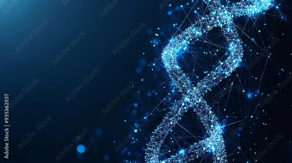 Poster dna with polygon line with dark blue background. science background. low poly wireframe with lines, 