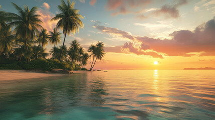 Celebrate your summer vacation with this travel poster! Tropical paradise awaits with stunning sunsets, crystal-clear waters, and swaying palm trees.