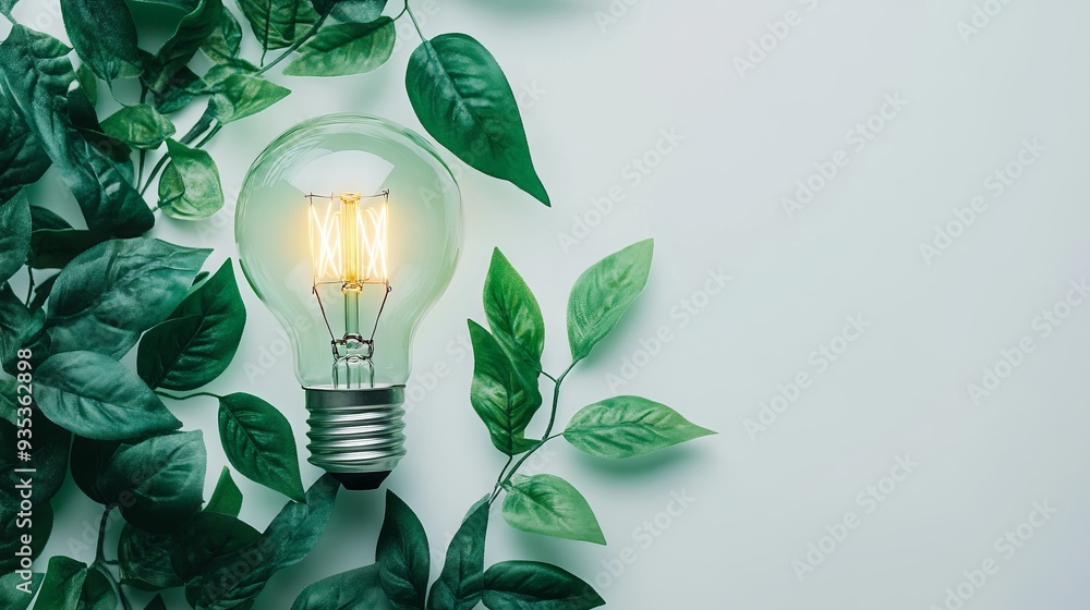 Wall mural eco friendly lightbulb with plants white background, renewable and sustainable energy