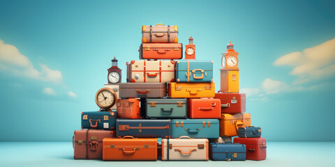 Many multi-colored suitcases on a blue background. World Tourism Day. Banner. Copy space