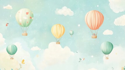 A whimsical illustration of colorful hot air balloons floating among soft clouds.