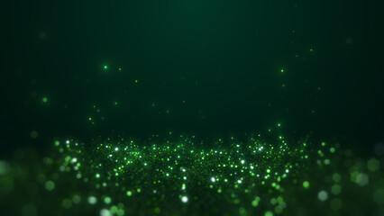 A vibrant abstract image featuring a field of glowing green particles against a dark background.
