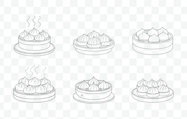 Print Dim Sum Line Art Vector Set Featuring a Variety of Traditional Chinese Dumplings and Steamed Dishes in Intricate Detail
