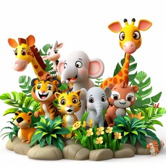 Naklejka premium Cartoon 3D wildlife conservation scene with animals in their natural habitat Isolated white background