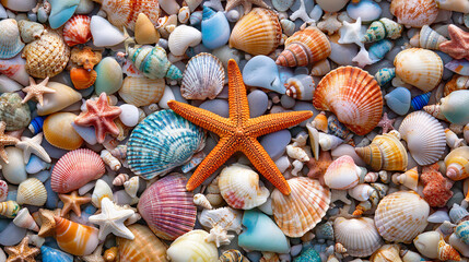  A collection of colorful seashells and starfish displayed as a background. The arrangement features a variety of vibrant shells and starfish, showcasing different shapes, sizes, and colors, creating 