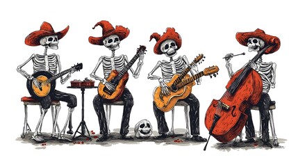 A jazz band of skeletons, playing instruments at a Halloween party, creative masks, intricate designs, dark humor style, isolated on white background
