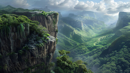 a plateau mountain with rugged cliffs and a lush, green valley