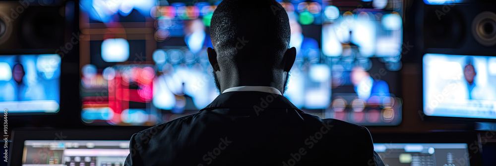 Poster an experienced broadcast operator oversees various screens displaying live news reports from the con