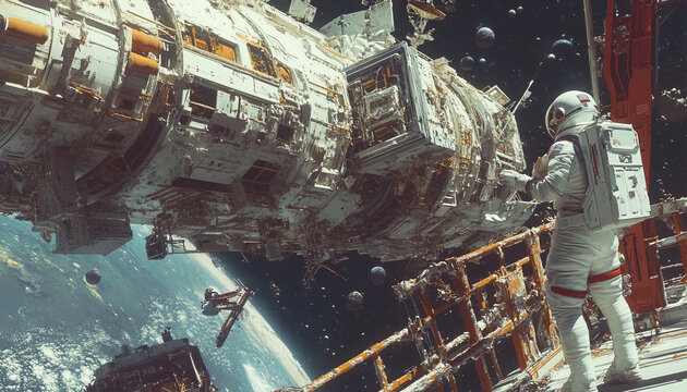 Create a captivating scene of space exploration with astronauts exploring a distant planet. Include futuristic space suits, advanced spacecraft, and breathtaking views of the cosmos. Highlight the exc