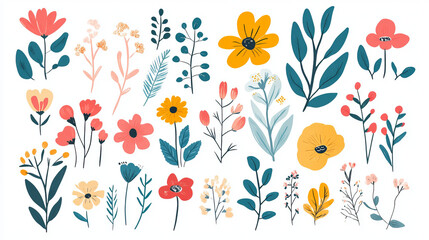 A set of fun, playful flower and nature design elements created in a flat, hand-drawn vector style. 