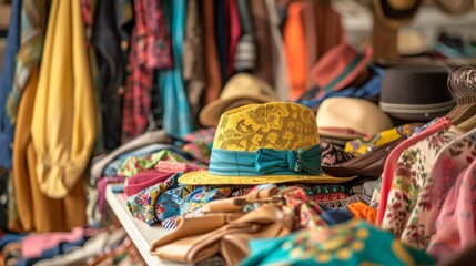 Fototapeta premium Yellow Hat On A Shelf Of Clothing.