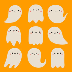 Flying ghost spirit icon set. Happy Halloween. Cute cartoon kawaii funny spooky baby character. Scary white ghosts. Smiling face. Boo. Greeting card. Orange background. Flat design Vector illustration