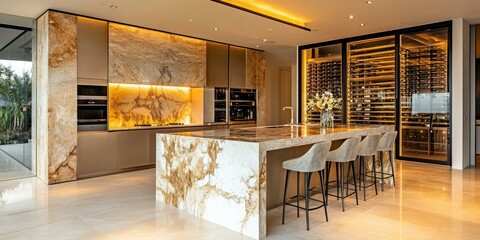 Modern kitchen with marble island and wine cellar.