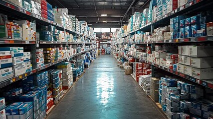 A guided tour through a large warehouse showcasing numerous health and wellness products stacked on shelves.