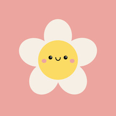White chamomile daisy with smiling face head. Camomile icon. Cute kawaii cartoon flower plant collection. Love card. Funny character. Growing concept Childish style. Flat design Pink background Vector