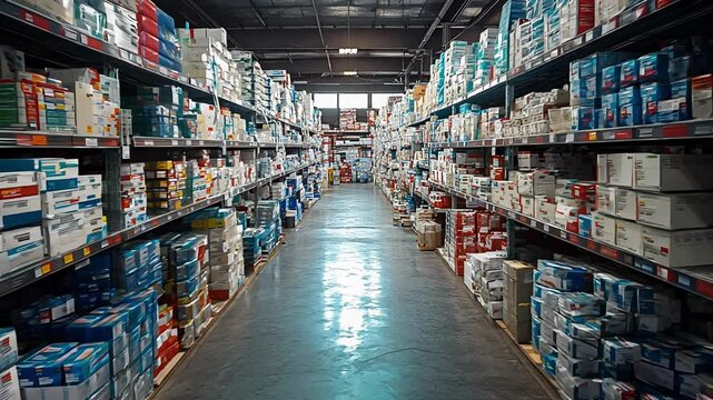 A guided tour through a large warehouse showcasing numerous health and wellness products stacked on shelves.