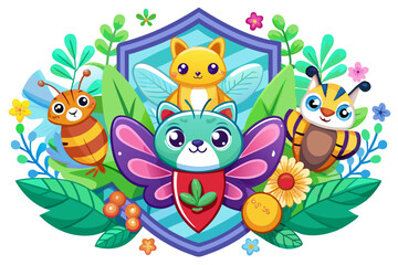 Naklejka premium Four Cute Animals Surrounded by Green Foliage and Flowers