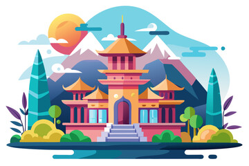 Traditional Asian Temple with Mountain Landscape