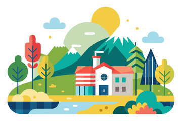 Fototapeta premium A Simple Illustration of a House and Mountain Landscape