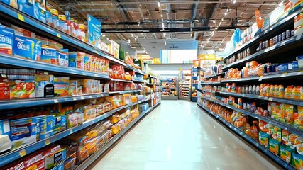 A vibrant grocery store aisle filled with colorful packages of snacks, beverages, and essentials during a busy afternoon.