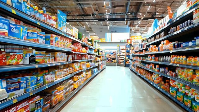 A vibrant grocery store aisle filled with colorful packages of snacks, beverages, and essentials during a busy afternoon.