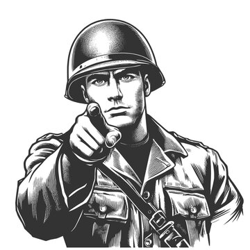 recommend clip art: stern soldier, pointing directly forward, symbolizing military recruitment, duty, and patriotism sketch engraving generative ai vector illustration. Scratch board imitation. Black and white image.