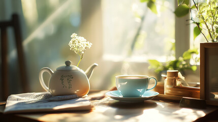 Fototapeta premium Start your day with a warm cup of tea, creating a cozy and inviting atmosphere.