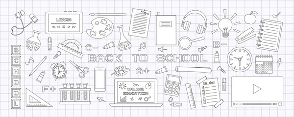 Big contour set of school supplies. Back to school. Online learning. School theme stickers in flat style. Vector illustration