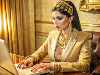 Cleopatra wearing a suit with jewelry sitting on a desk, typing on a computer