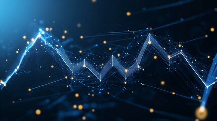 Growth chart. Business Technological concept. Polygonal abstract science illustration. With dark blue background. Low poly wireframe with lines, dots and glowing particles