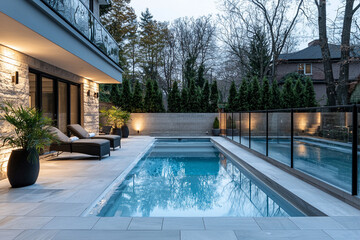 Backyard Pool with Glass Fence A modern backyard