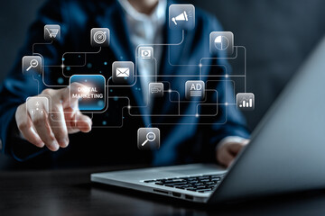 Businesswomen use laptop to make digital marketing, online selling, promotion of brand to connect potential customers via internet and digital communication, email, social media, web-based advertising