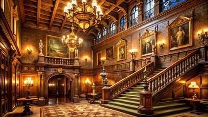 Obraz premium A majestic, dimly lit hall with intricately designed walls and a grand staircase, adorned with bronze plaques and gleaming trophies, celebrating legendary achievements.