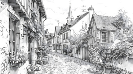 Obraz premium A detailed pencil drawing of a charming European village, with narrow cobblestone streets, flower boxes on windowsills, and a church steeple rising above the rooftops.