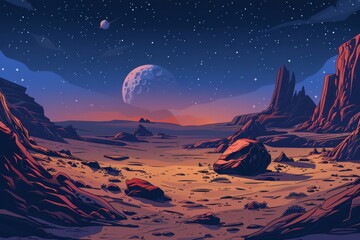 Fototapeta premium Nighttime Desert Landscape with Large Moon and Stars