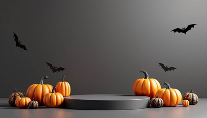 A Halloween display of pumpkins and bats on a black background