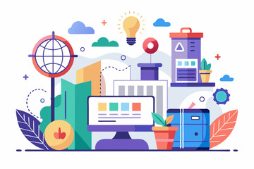 Naklejka premium Abstract Illustration of a Modern Office Workspace with a Focus on Global Connectivity, Technology, and Innovation