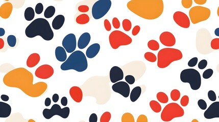 Fototapeta premium Paw prints pattern, bright diverse colors, seamless repeat
